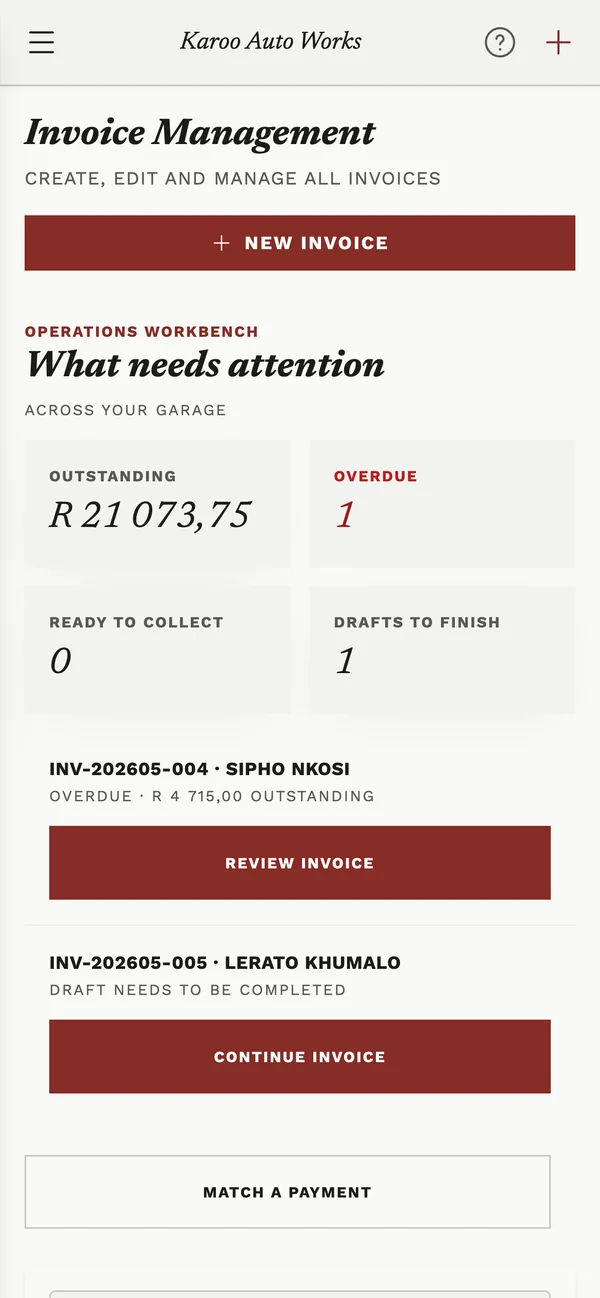 Garage Manager on a phone, showing what needs attention across the garage — the outstanding total, one overdue invoice and a draft still to finish.