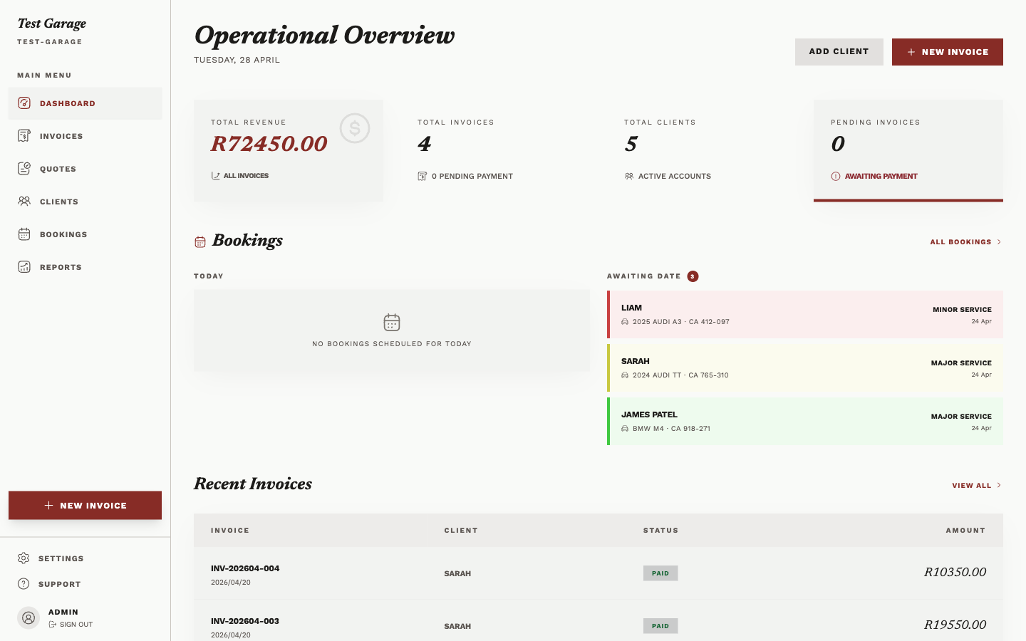 Garage Manager dashboard with revenue, bookings and invoice overview