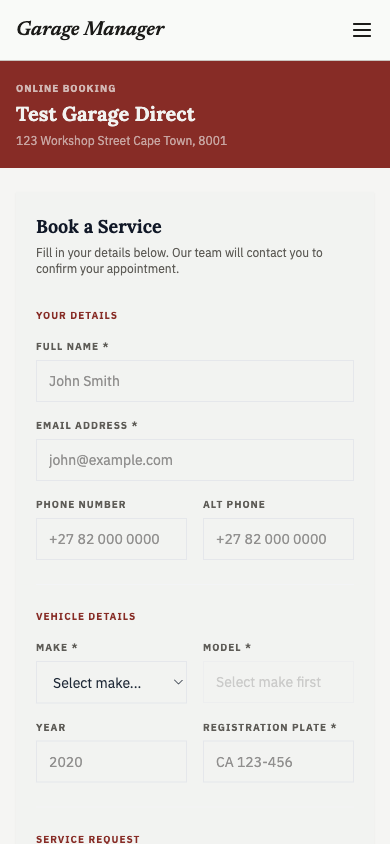 Customer self-booking page on a phone